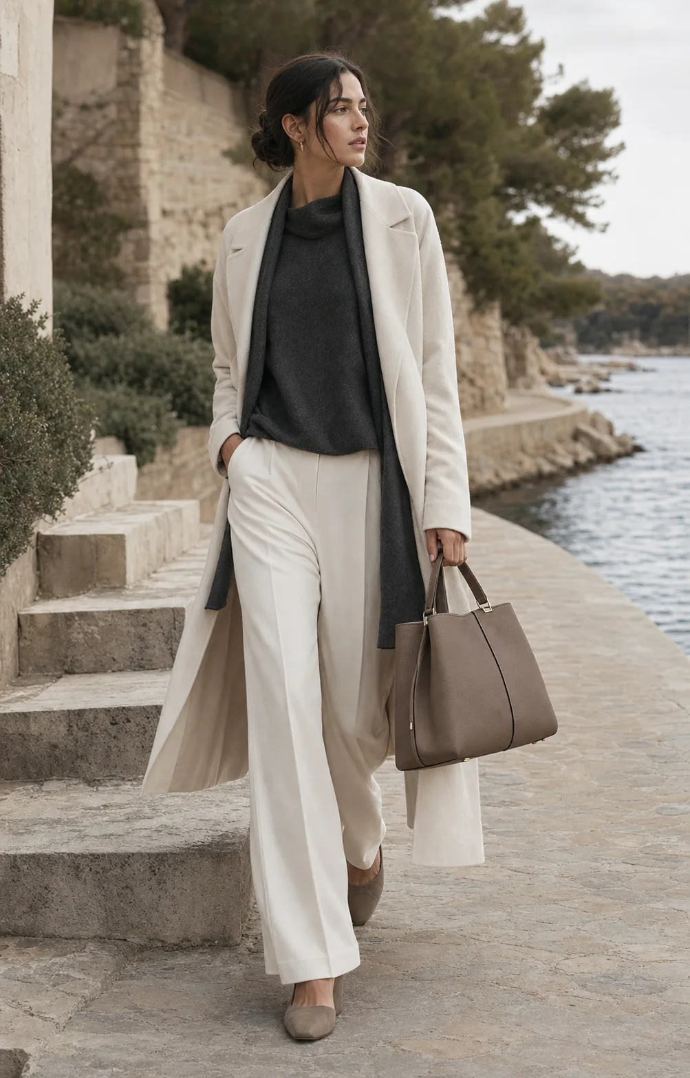 Model walking beside the shoreline carrying a structured AELA handbag