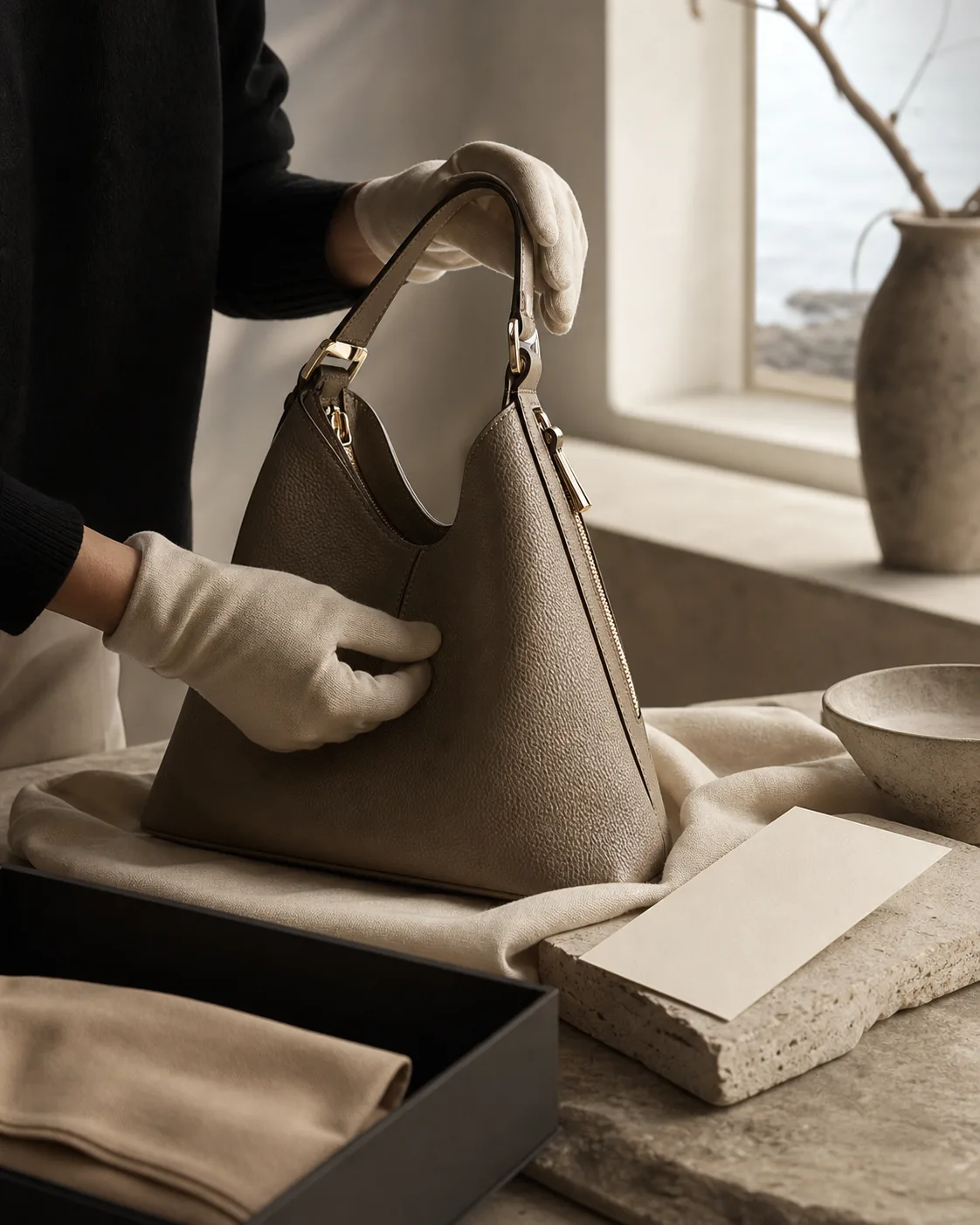 Gloved hands preparing an AELA handbag for quiet service and care